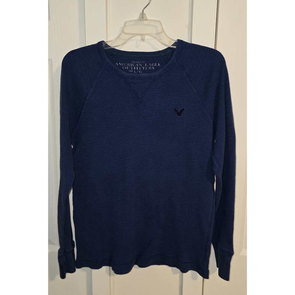 Men's Y2K American Eagle Thermal Long Sleeve Tshirt Size Large, Blue 100% Cotton
